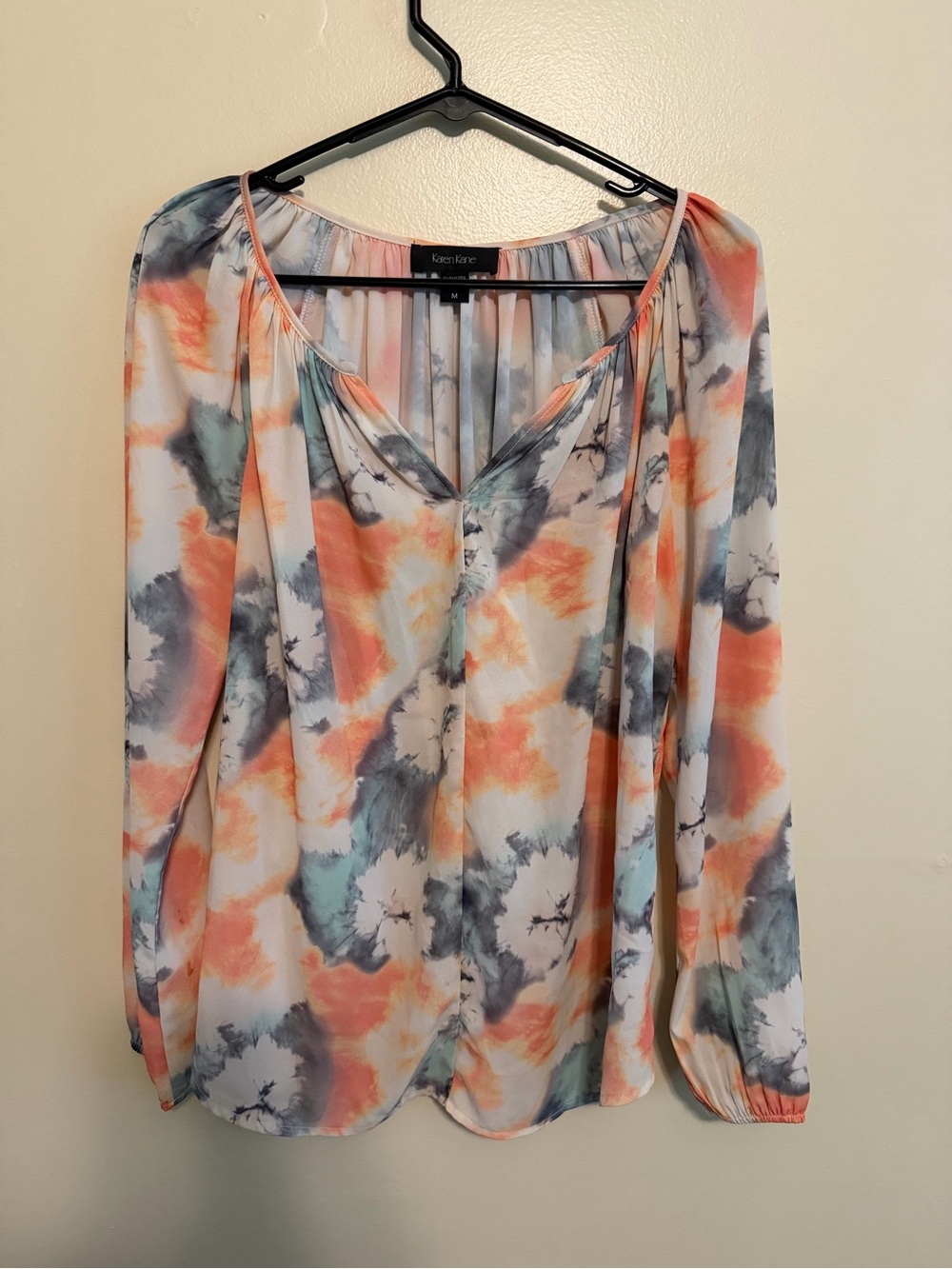 Karen Kane Tie-Dye Long-Sleeve Blouse in Coral, Gray & Mint - Picture 1 of 4